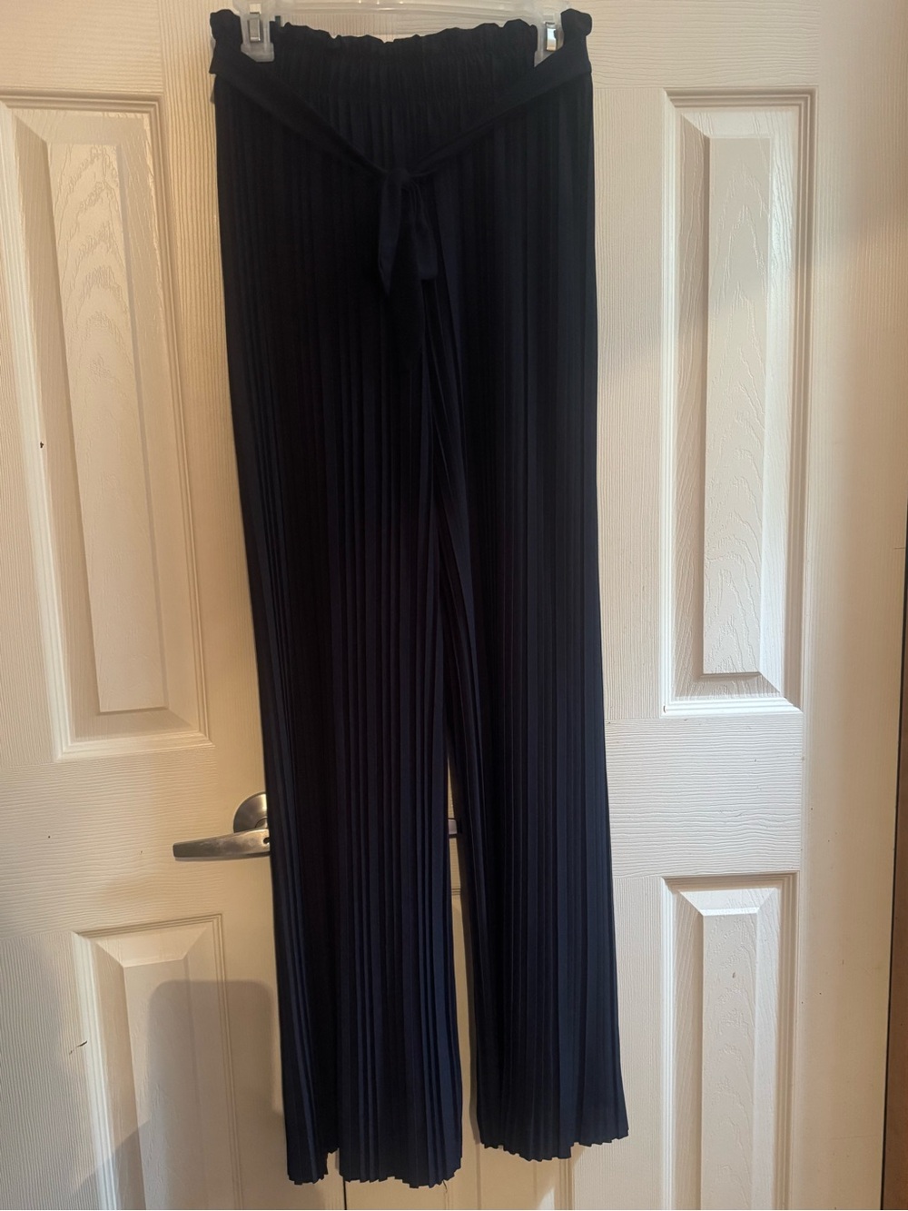 Women's navy Pleated Wide-Leg Pants with Self-Tie Waist